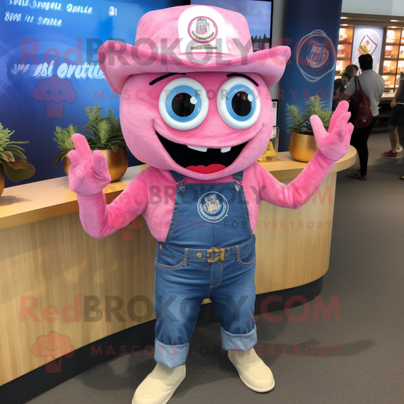 Pink Fajitas mascot costume character dressed with a Denim Shorts and Lapel pins Pink Fajitas mascot costume character dressed with a Denim Shorts and Lapel pins