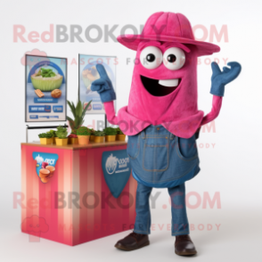 Pink Fajitas mascot costume character dressed with a Denim Shorts and Lapel pins