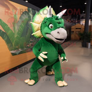 Forest Green Triceratops mascot costume character dressed with a Leggings and Shoe laces