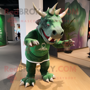 Forest Green Triceratops mascot costume character dressed with a Leggings and Shoe laces
