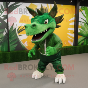 Forest Green Triceratops mascot costume character dressed with a Leggings and Shoe laces