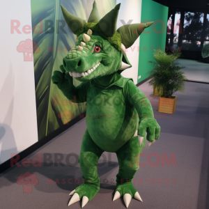 Forest Green Triceratops mascot costume character dressed with a Leggings and Shoe laces