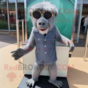 Gray Baboon mascot costume character dressed with a Shift Dress and Sunglasses