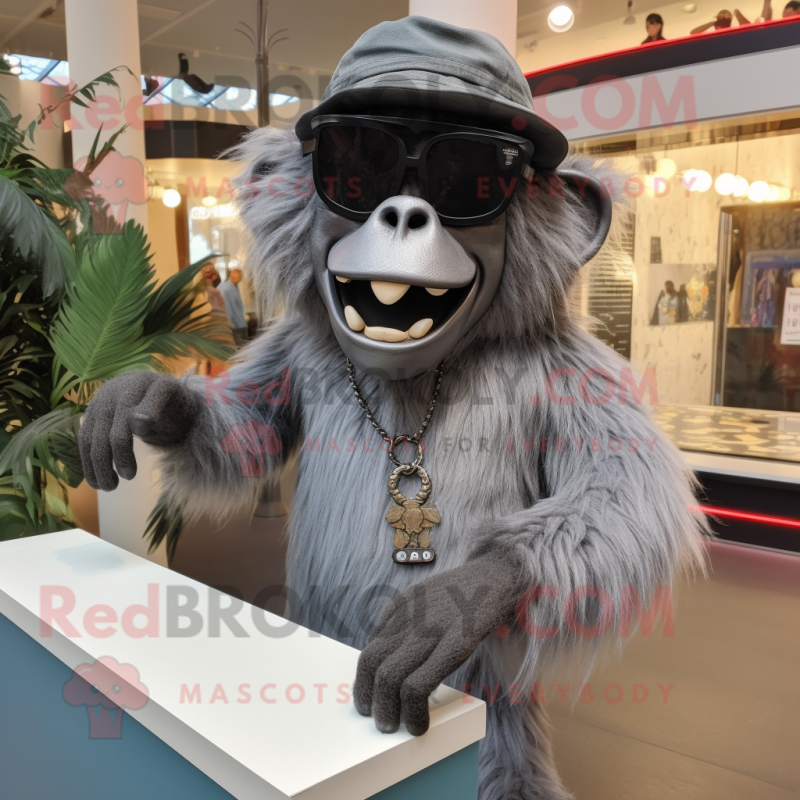 Gray Baboon mascot costume character dressed with a Shift Dress and Sunglasses