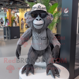 Gray Baboon mascot costume character dressed with a Shift Dress and Sunglasses