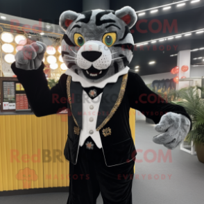 Black Tiger mascot costume character dressed with a Waistcoat and Brooches