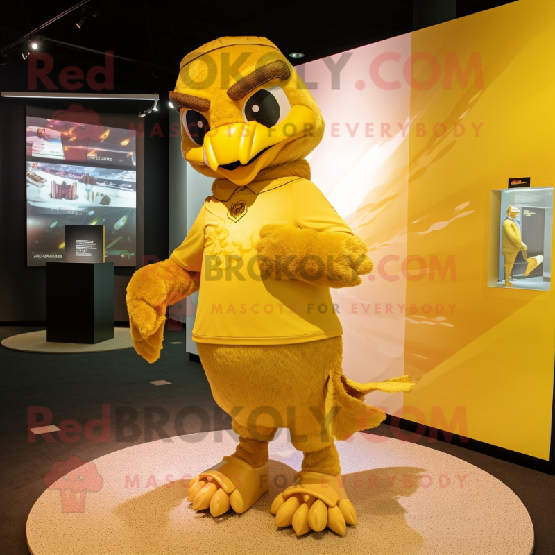Gold Hawk mascot costume character dressed with a Sheath Dress and Beanies Gold Hawk mascot costume character dressed with a Sheath Dress and Beanies