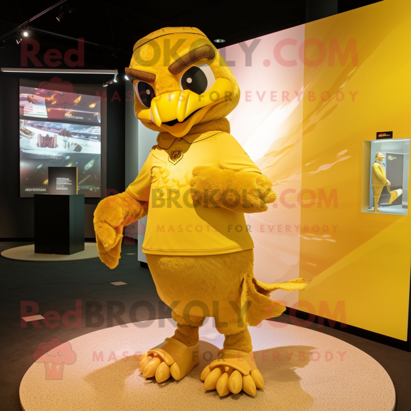 Gold Hawk mascot costume character dressed with a Sheath Dress and Beanies