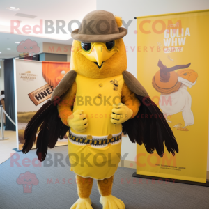 Gold Hawk mascot costume character dressed with a Sheath Dress and Beanies