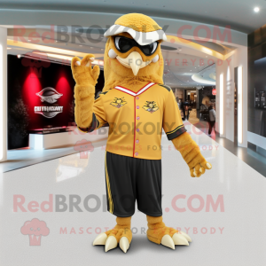 Gold Hawk mascot costume character dressed with a Sheath Dress and Beanies