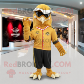 Gold Hawk mascot costume character dressed with a Sheath Dress and Beanies