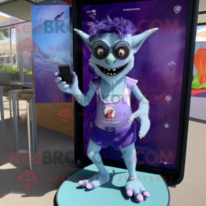Lavender Vampire mascot costume character dressed with a Board Shorts and Smartwatches