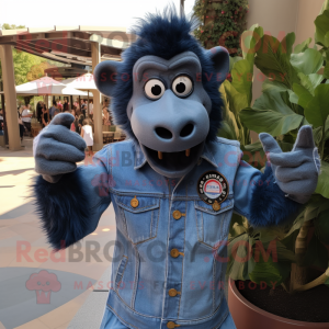 Blue Baboon mascot costume character dressed with a Denim Shirt and Lapel pins