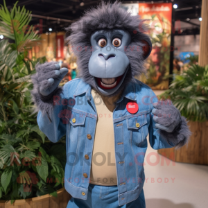 Blue Baboon mascot costume character dressed with a Denim Shirt and Lapel pins