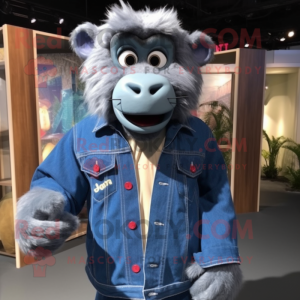 Blue Baboon mascot costume character dressed with a Denim Shirt and Lapel pins