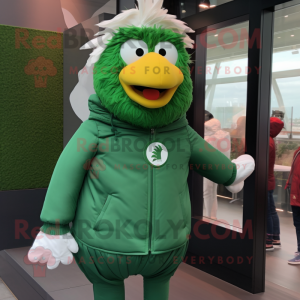 Forest Green Fried Chicken mascot costume character dressed with a Windbreaker and Brooches