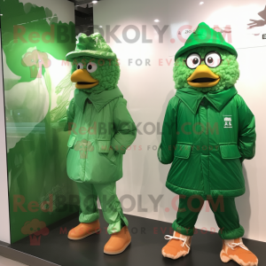 Forest Green Fried Chicken mascot costume character dressed with a Windbreaker and Brooches