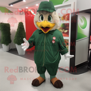 Forest Green Fried Chicken mascot costume character dressed with a Windbreaker and Brooches