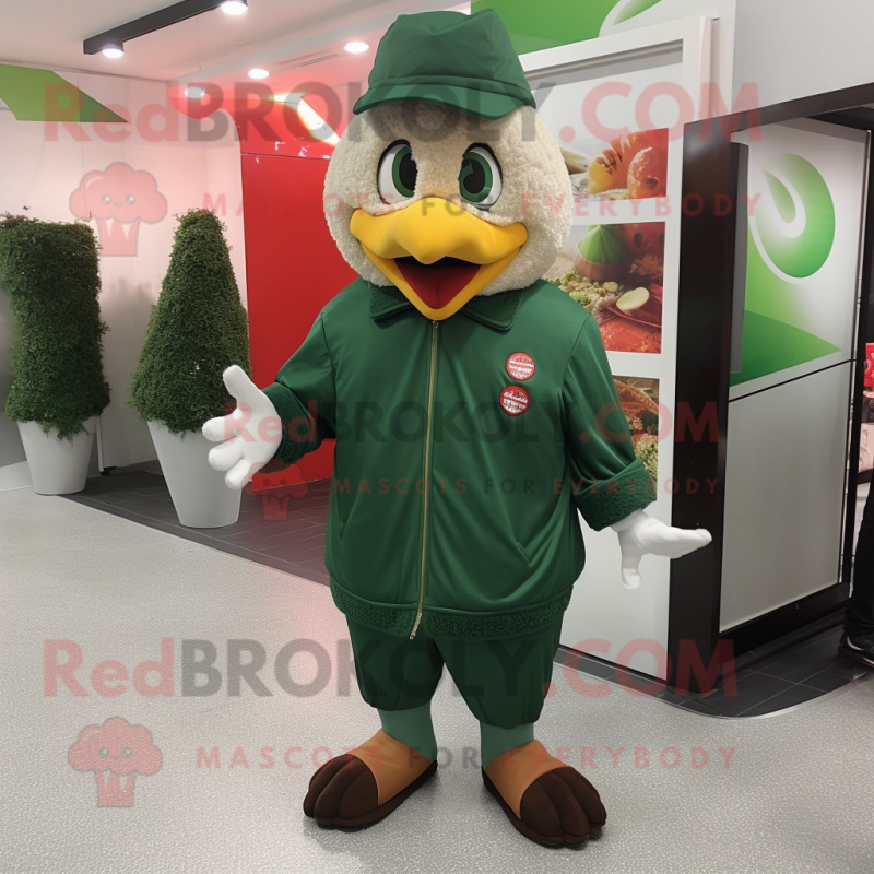 Forest Green Fried Chicken mascot costume character dressed with a Windbreaker and Brooches