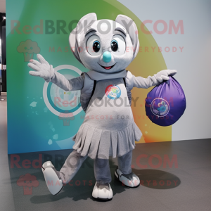 Silver Juggle mascot costume character dressed with a Circle Skirt and Tote bags