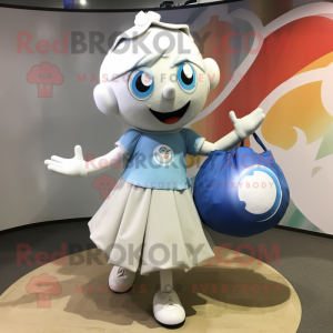 Silver Juggle mascot costume character dressed with a Circle Skirt and Tote bags