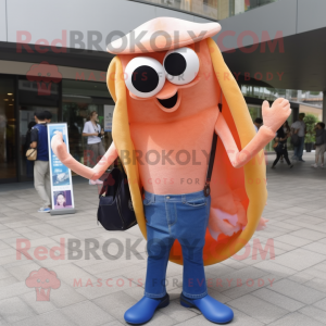 Peach Squid mascot costume character dressed with a Jeans and Clutch bags