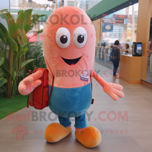 Peach Squid mascot costume character dressed with a Jeans and Clutch bags