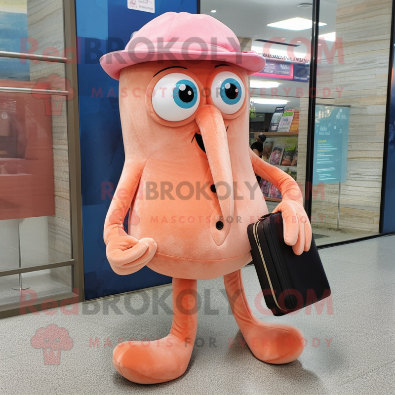 Peach Squid mascot costume character dressed with a Jeans and Clutch bags Peach Squid mascot costume character dressed with a Jeans and Clutch bags