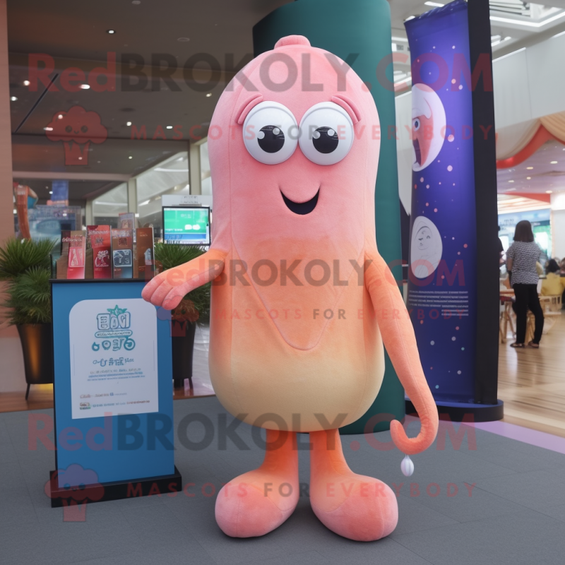 Peach Squid mascot costume character dressed with a Jeans and Clutch bags Peach Squid mascot costume character dressed with a Jeans and Clutch bags