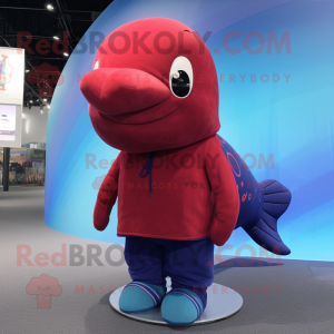 Maroon Blue Whale mascot costume character dressed with a Sweater and Hair clips