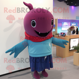 Maroon Blue Whale mascot costume character dressed with a Sweater and Hair clips
