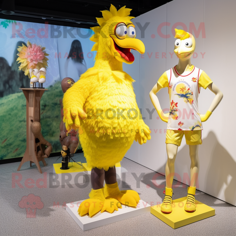 Yellow Roosters mascot costume character dressed with a One-Piece Swimsuit and Anklets