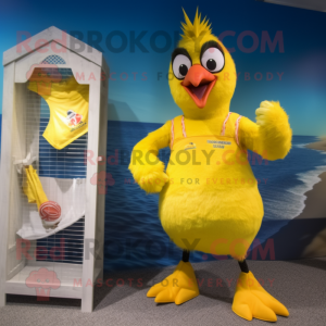 Yellow Roosters mascot costume character dressed with a One-Piece Swimsuit and Anklets