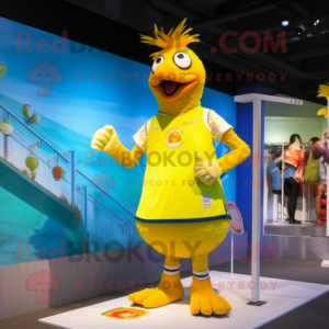 Yellow Roosters mascot costume character dressed with a One-Piece Swimsuit and Anklets