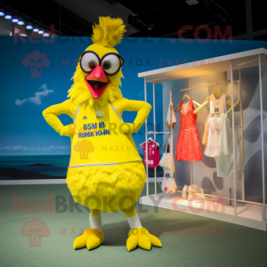 Yellow Roosters mascot costume character dressed with a One-Piece Swimsuit and Anklets