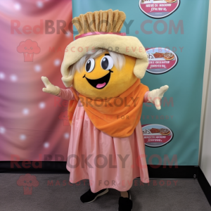 Peach Pulled Pork Sandwich mascot costume character dressed with a Pencil Skirt and Shawl pins