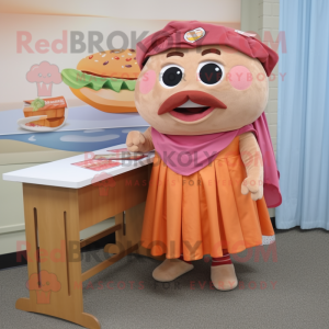 Peach Pulled Pork Sandwich mascot costume character dressed with a Pencil Skirt and Shawl pins