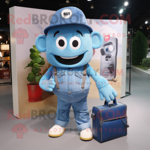 Blue Camera mascot costume character dressed with a Denim Shirt and Tote bags