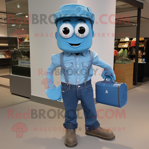 Blue Camera mascot costume character dressed with a Denim Shirt and Tote bags