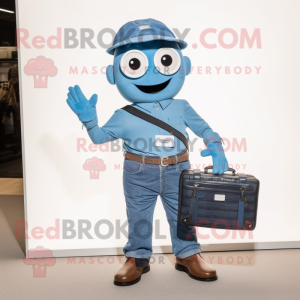 Blue Camera mascot costume character dressed with a Denim Shirt and Tote bags