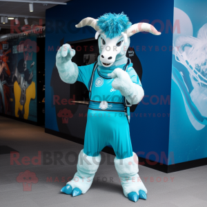 Cyan Goat mascot costume character dressed with a Bodysuit and Keychains