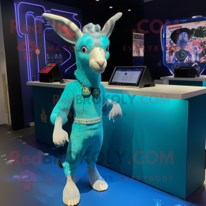 Cyan Goat mascot costume character dressed with a Bodysuit and Keychains