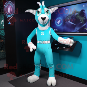 Cyan Goat mascot costume character dressed with a Bodysuit and Keychains