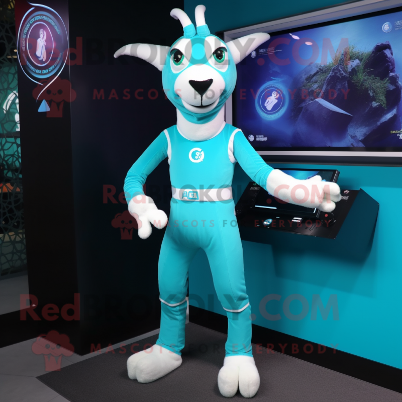 Cyan Goat mascot costume character dressed with a Bodysuit and Keychains
