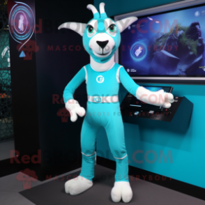 Cyan Goat mascot costume character dressed with a Bodysuit and Keychains