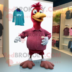 Maroon Dodo Bird mascot costume character dressed with a Bootcut Jeans and Shoe laces