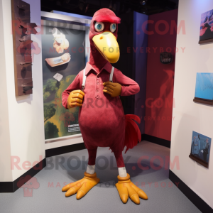 Maroon Dodo Bird mascot costume character dressed with a Bootcut Jeans and Shoe laces