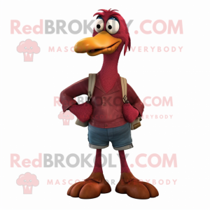 Maroon Dodo Bird mascot costume character dressed with a Bootcut Jeans and Shoe laces