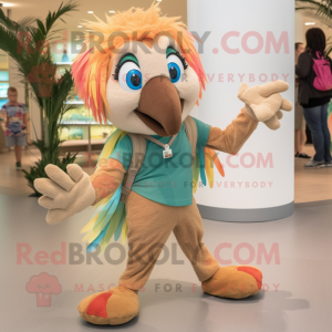 Tan Macaw mascot costume character dressed with a Joggers and Hair clips