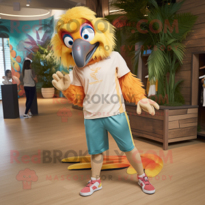 Tan Macaw mascot costume character dressed with a Joggers and Hair clips